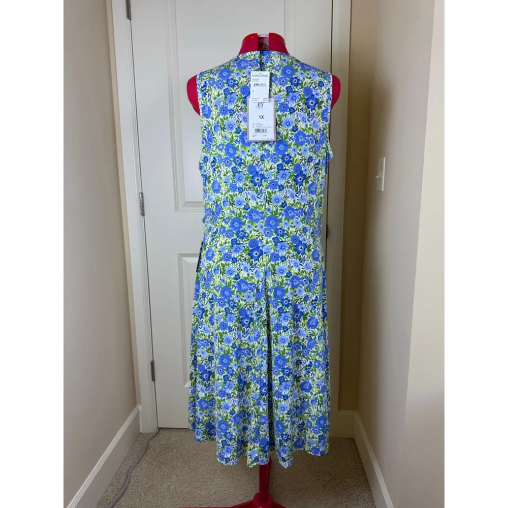 NWT Women's By Design Blue Green Floral Midi Wrap Dress Plus Size 1X - Picture 7 of 14